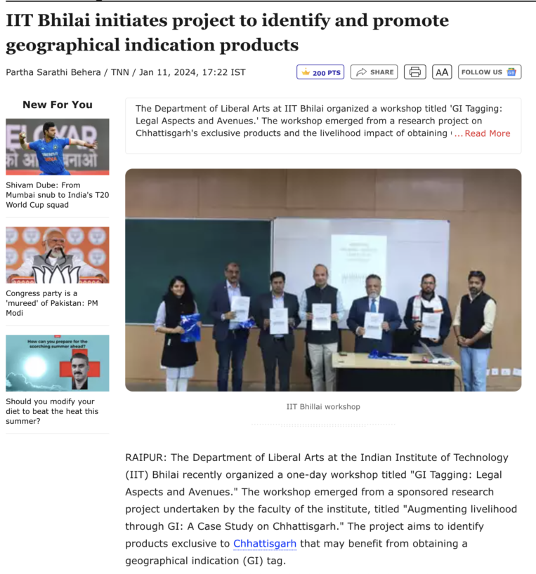 IIt Bhilai Initiates project to identify and promote geographical indication products